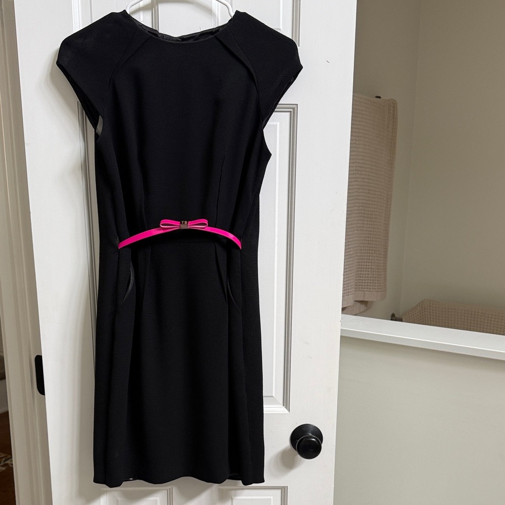 Ted Baker Black Cap-Sleeve Peekaboo Shift Dress with Hot Pink Belt